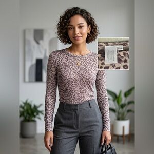 WinterSilks 100% Pure Silk Leopard Print Long Sleeve Base Layer Top XS/P